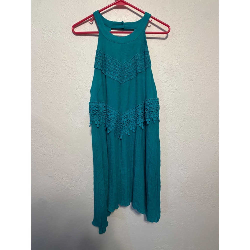 Rebellion Again Teal Blue Crochet Lace Halter Handkerchief Hem Dress Large